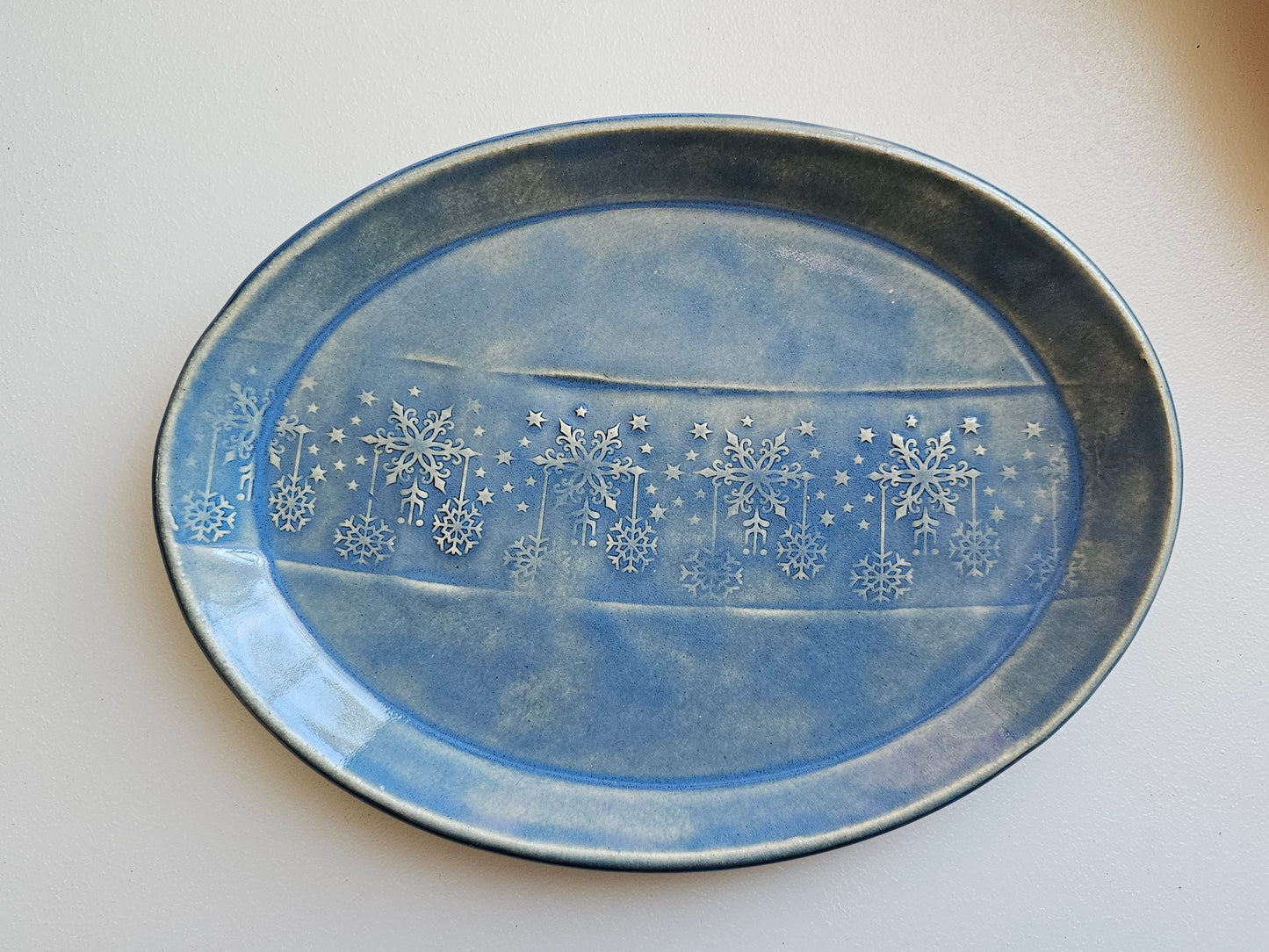 Blue Oval Snowflake Dish