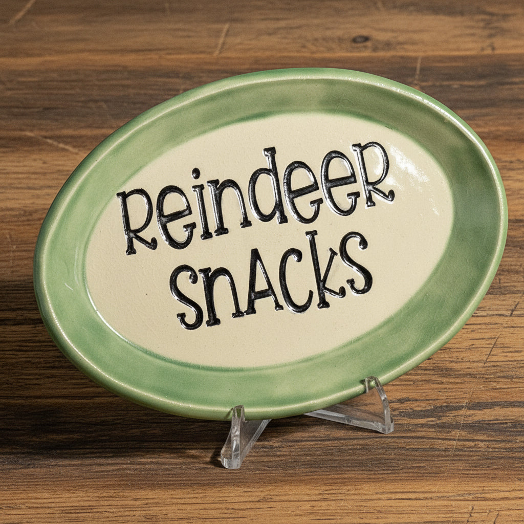 Oval ceramic plate with 'Reindeer Snacks' text on a stand against a wood background