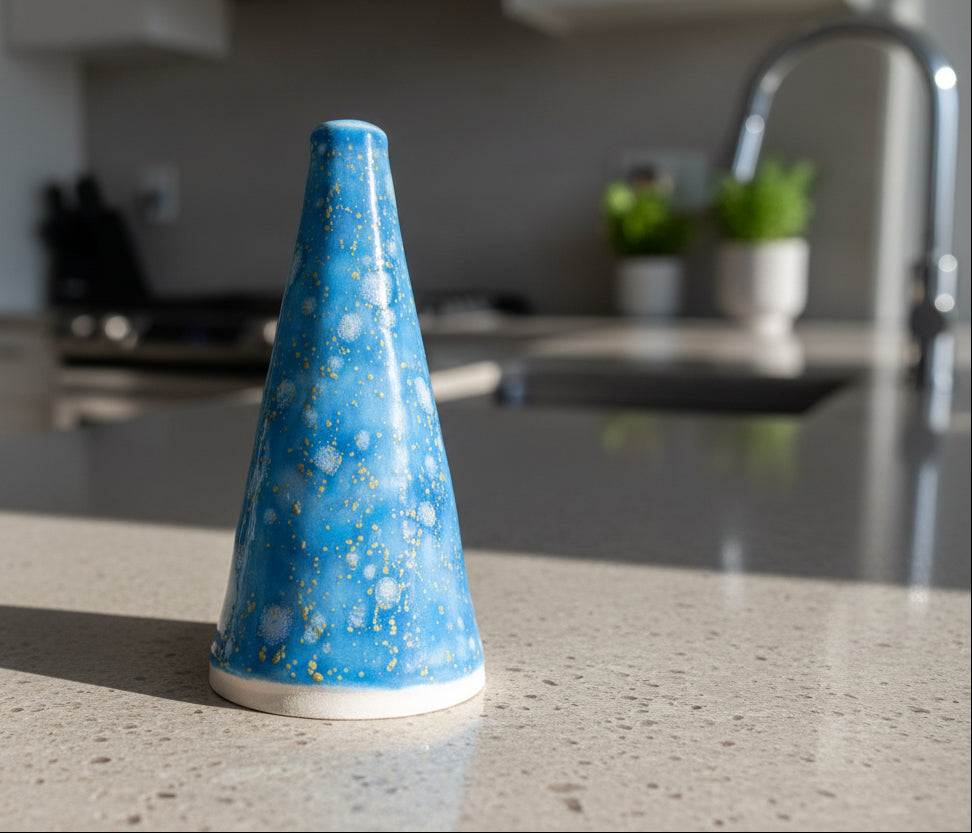 Blue ceramic oil bottle standing on a kitchen counter